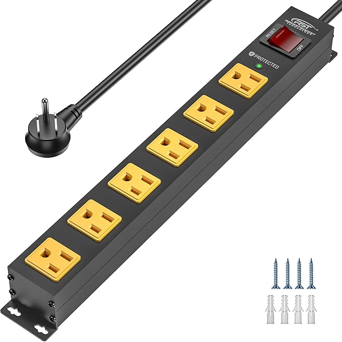 CRST 6 Outlet Surge Protector Power Strip 2100J with Switch, 15A/1875W Metal Heavy Duty Power Strip, Wide Spaced Wall Mount Power Bar for Garage Workshop Home School, 6 FT Cord（ Black+Yellow）