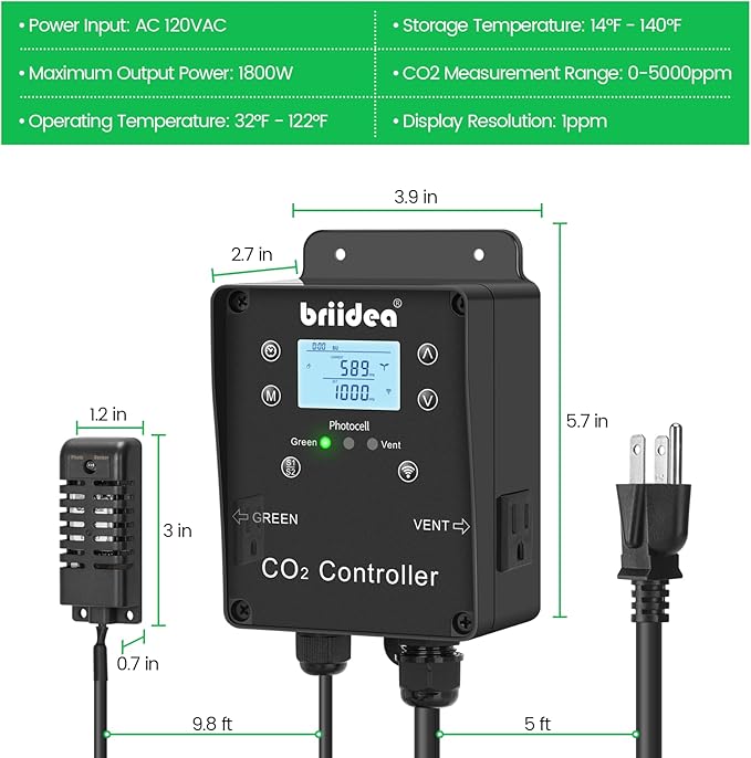 briidea Wi-Fi CO2 Controller for Grow Tent, Two-Plug System for CO2 Regulatos and Inline Exhaust Fans, Smart Environmental WiFi-Controller to Adjusts CO2 for Grow Tents, Grow Rooms, Greenhouses