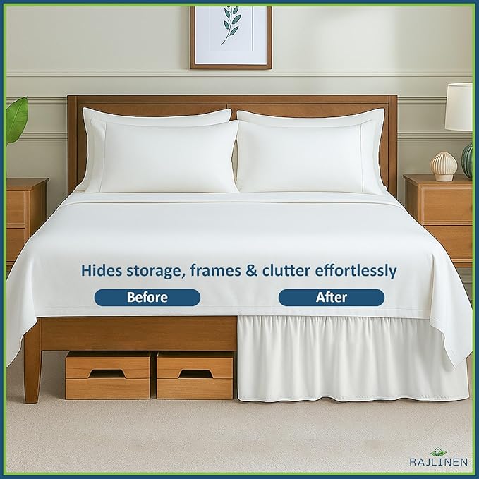 Rajlinen Ruffled Bed Skirt Twin XL, 16 Inch Drop Dust Ruffle with Split Corners, 100% Microfiber Bedskirt with Platform, Three-Sided Coverage Ruffled Gathering Design, Ivory