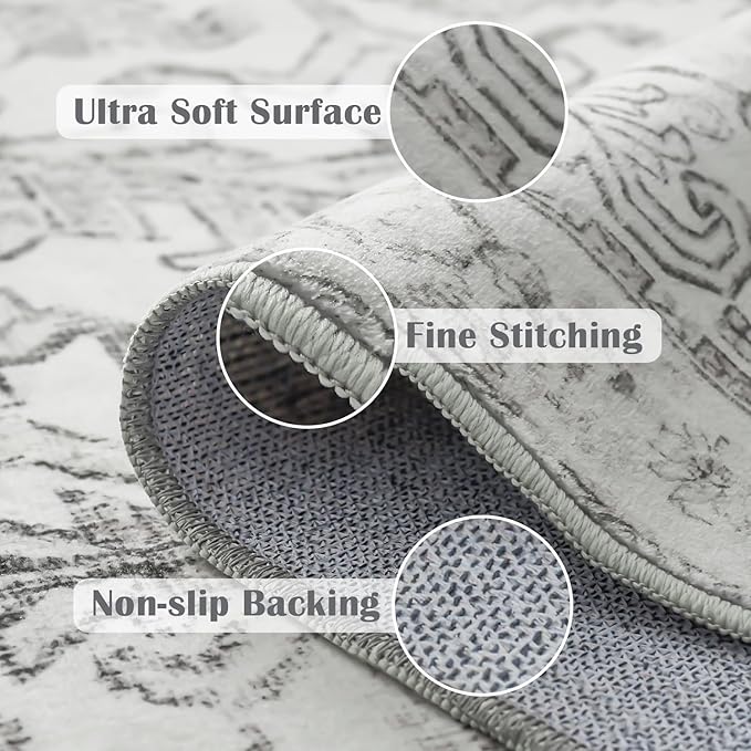 jinchan Lima Hallway Runner Rug 2x8 Washable - Vintage Floral Non Slip Low-Pile Soft Ultra-Thin Faux Wool Kitchen Rug Distressed Carpet Runner for Farmhouse Bedroom Laundry (2x8ft, Grey)