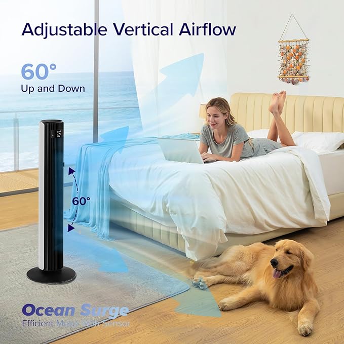 LEVOIT Classic 42-inch Tower Fan for Home, 1472 CFM Powerful Fan, 22dB Quiet as You Sleep, 90° L&R Oscillation, 60° U&D Airflow, 12H Timer, 5-Speed and 4 Modes with Temperature Sensor, Remote Control