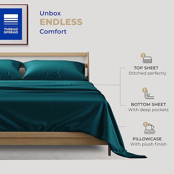 THREAD SPREAD Twin XL Sheets Set Cotton - 400 Thread Count 100% Cotton Twin XL Sheet Set, 3 PC Twin XL Sheets, Cooling & Luxury Sateen Sheets, 16" Deep Pocket Extra Soft Sateen Cotton Sheets (Teal)