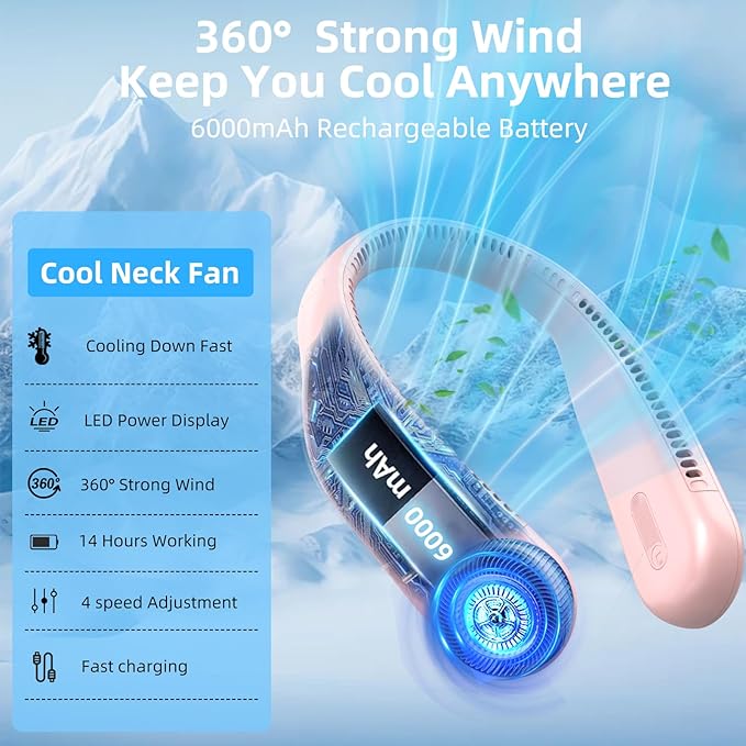 Portable Neck Fan,Hands Free Personal Wearable Bladeless Fan,6000mAh USB Rechargeable,360° Cooling,LED Display,4-Speeds,Birthday Gifts for Men Women Dad Mom,Valentines Day Gifts for Her Him (Pink)