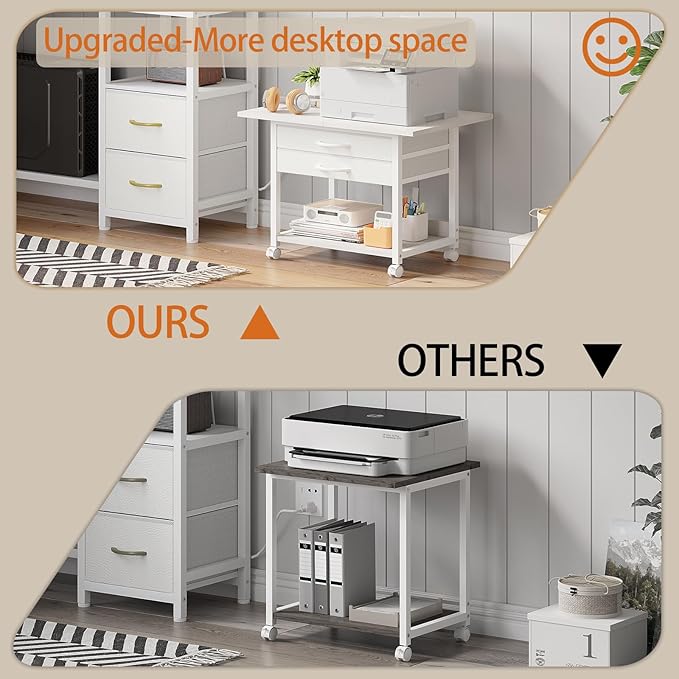 VENNQD Large Printer Stand with Storage Fabric Drawer Under Desk Printer Table with Wheels for Home Office, Printer Cart fit Fax Machine Scanner 23.4"x15.7" (White, 2 Tiers)