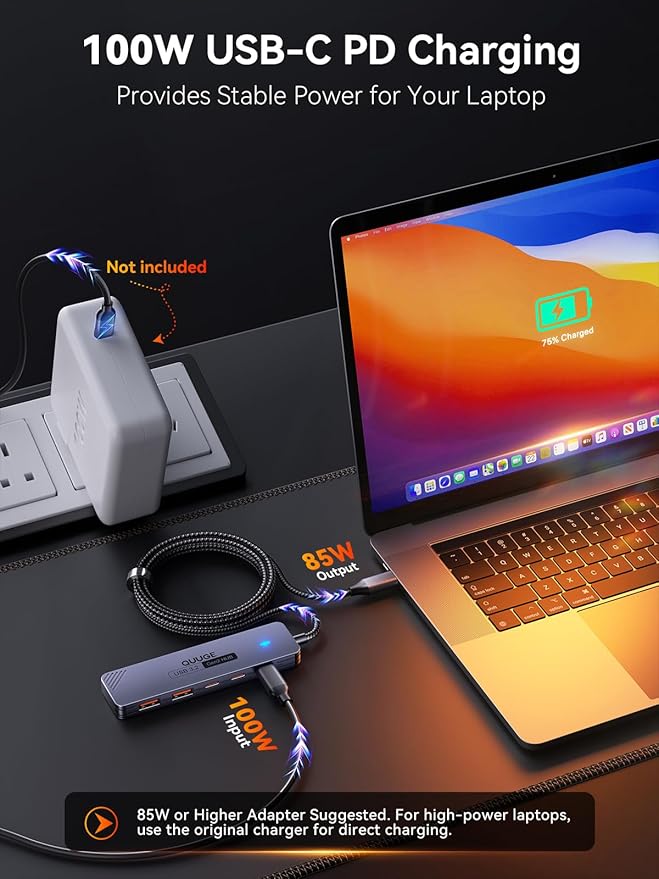 USB C Hub 10Gbps, QUUGE 5-in-1 USB Splitter with 2 USB-A & 2 USB-C 3.2 and PD 100W, Fast Transfer Aluminum Type-C Multiport Adapter with 100cm Nylon Cable for MacBook Air/Pro, iPad, Surface Pro, XPS