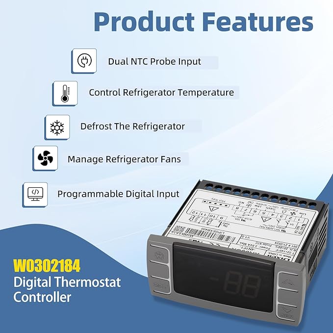 for Atosa W0302184 Temperature Controllers, Programmable Digital Thermostat with Sensor Probe Fit for 120V 50-60hz Commercial Refrigerators/Freezer (Includes Mounting Hardware)