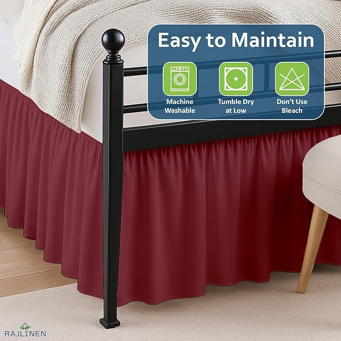 Rajlinen Ruffled Bed Skirt Full, 12 Inch Drop Dust Ruffle with Split Corners, 100% Microfiber Bedskirt with Platform, Three-Sided Coverage Ruffled Gathering Design, Burgundy