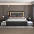 Full Bed Frame with 4 Storage Drawers and Adjustable Headboard, Upholstered Platform Bed with LED Lights and USB Ports, Solid Wooden Slats Support, Faux Leather, Easy Assembly, Black