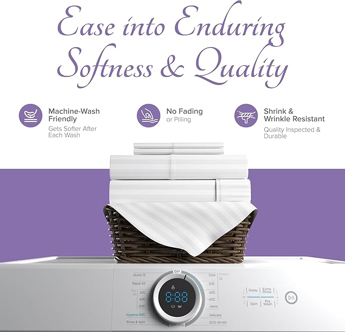 Carressa Linen Luxury Egyptian Cotton Queen Stripe Sheet Set - 600 Thread Count Extra Long Staple 4 PC Set, Crisp White Queen Damask Sheets, Soft, Cooling Sateen Weave Sheets Upto 18 in Deep Pocket