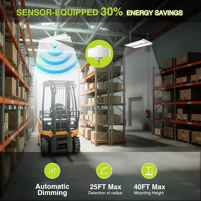 LED Linear High Bay Shop Light With Motion Sensor 300W, Larger Central Lighting Area, 45000LM, 120-277V, 0-10V, 5000K, Commercial Linear High Bay Led Shop Lights for Warehouse Industrial Garage , UL
