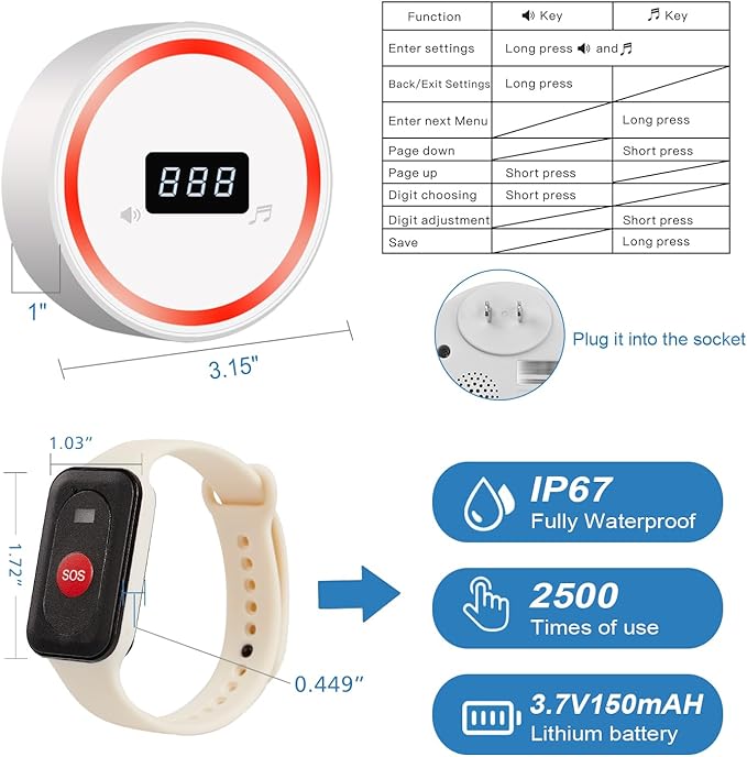 Wireless Caregiver Pager Call Button Emergency Calling System 328 Feet 1 Call Button/1 Watch Button/1 Receiver Nurse Alert System for Elderly Patient Disabled (1 Beige H1+1 3DB+M2)