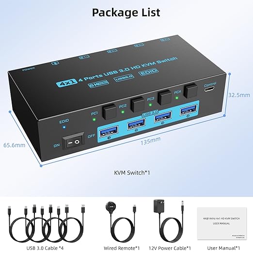 8K HDMI 2.1 KVM Switch 4 Computers 4 Port USB 3.0 8K@60Hz/4K@144Hz 4 In 1 Out Keyboard Mouse KVM Switches EDID Emulator for 4 PCs Share 1 Monitor and 4 USB Devices, with 4 USB 3.0 Cable & Wired Remote