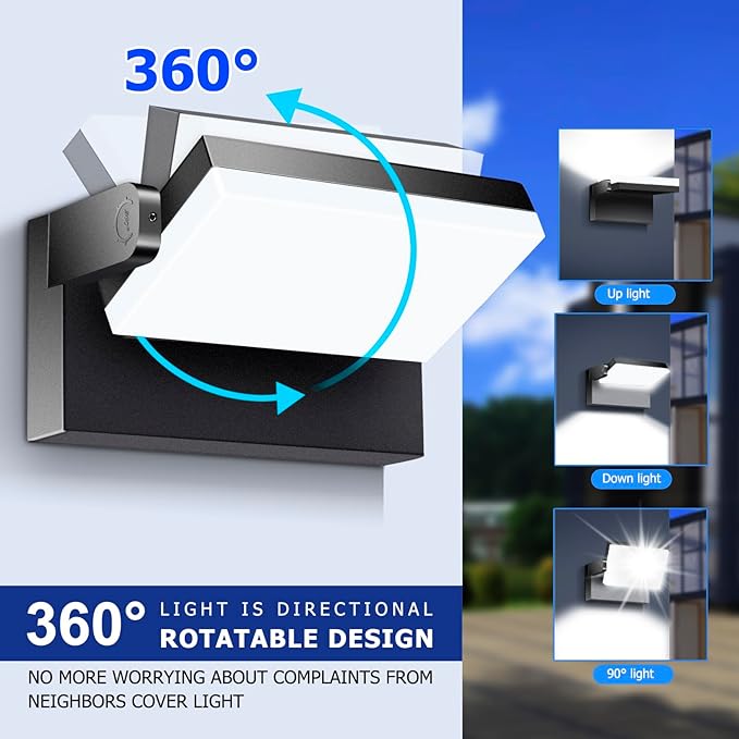 rosykite 60W LED Outdoor Wall Lights with 360°Rotation, Flood Lights Outdoor 5000K 4000K 3000K 3 Colors Changeable,Outside Sconce Security Lights for Garage Barn Front Porch