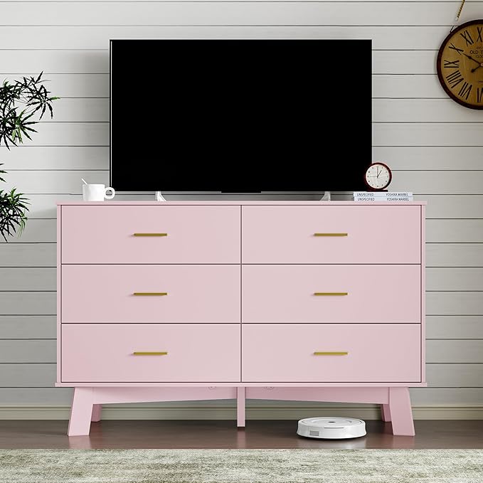 Dresser for Bedroom with 6-Drawer, 47.2" Modern Chest of Drawers with Metal Handles, X-Shape Base & Adjustable Center Leg, Anti-Tip Closet Organizers and Storage