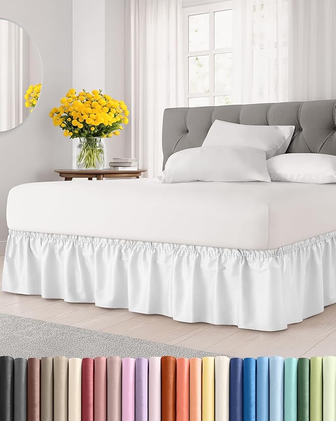 Wrap Around Dust Ruffle Bed Skirt - White - for Queen Size Beds with 24 Inch Drop - Easy Fit Elastic Strap - Adjustable Pleated Bedskirt w/Brushed Fabric - Wrinkle Free - for Women, Men, Kids & Teens