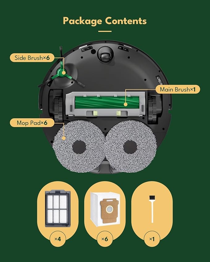 iRobacc Replacement Parts for iRobot Roomba Plus 405/505/507 Combo Robot : 1 Main Brush, 6 Side Brushes, 4 HEPA Filters, 6 Dust Bags, 6 Mop Pads, 1 Cleaning Brush，Accessories for roomba-24 Pcs