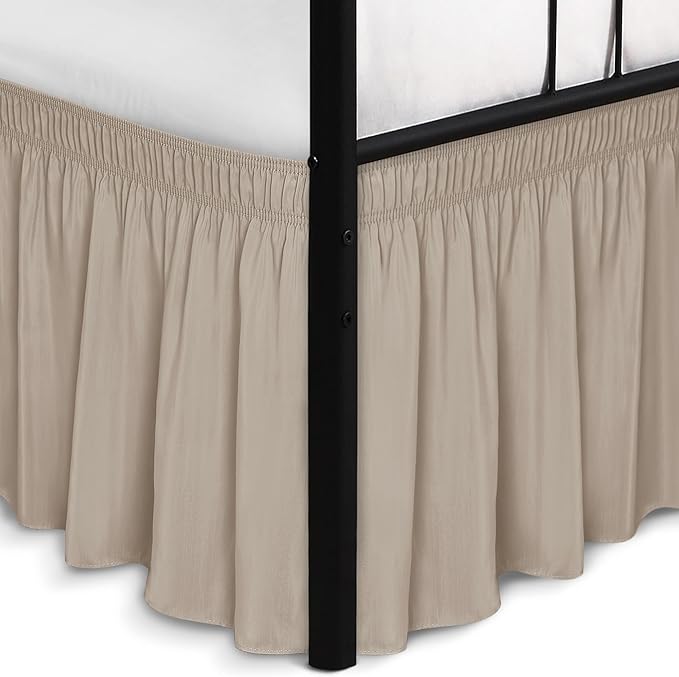 Biscaynebay Wrap Around Bed Skirts with Split Corners for Queen Beds 17" Drop, Light Camel Elastic Dust Ruffles Easy Fit Wrinkle & Fade Resistant Silky Luxurious Fabric Solid Machine Washable