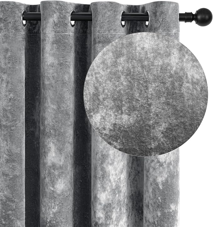 SMILETIME Grey Crushed Velvet Curtains 52x108 inch Luxurious Thermal Insulated Soundproof Drapes for Living Room Bedroom Office Soft and Durable Light-Filtering Window Treatments, 2 Panels