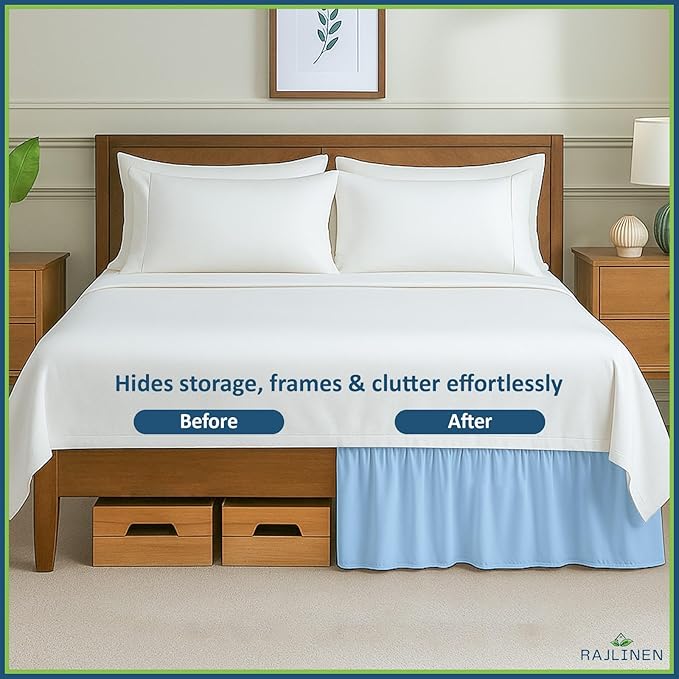 Rajlinen Ruffled Bed Skirt Twin, 16 Inch Drop Dust Ruffle with Split Corners, 100% Microfiber Bedskirt with Platform, Three-Sided Coverage Ruffled Gathering Design, Light Blue