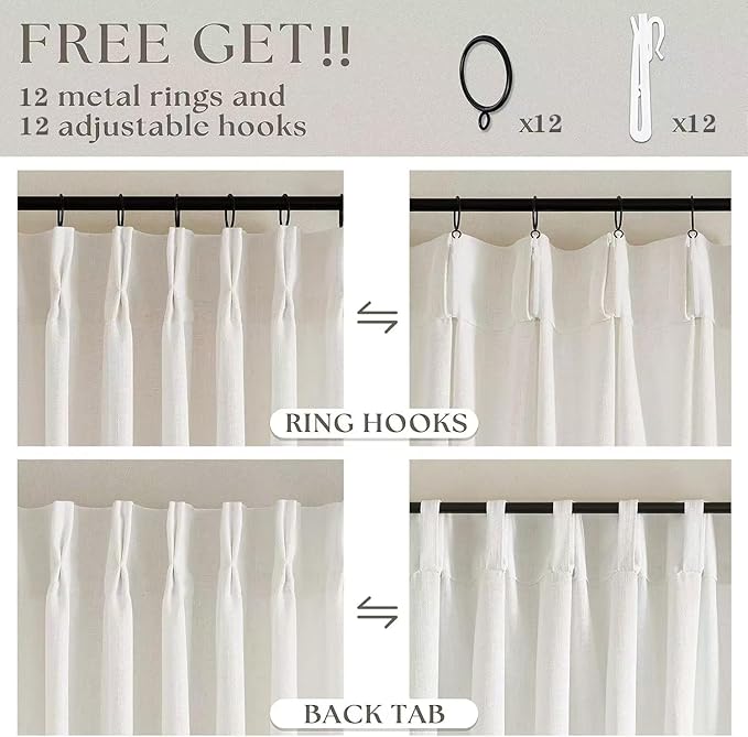 Extra Wide Pinch Pleat Curtains 84 Inches Long for Patio Sliding Glass Door Natural Cream Linen 60 Inch Wide Curtain Memory Trained Pleated Drapes Hooks Rings 60x84 Curtain for Large Window 1 Panel
