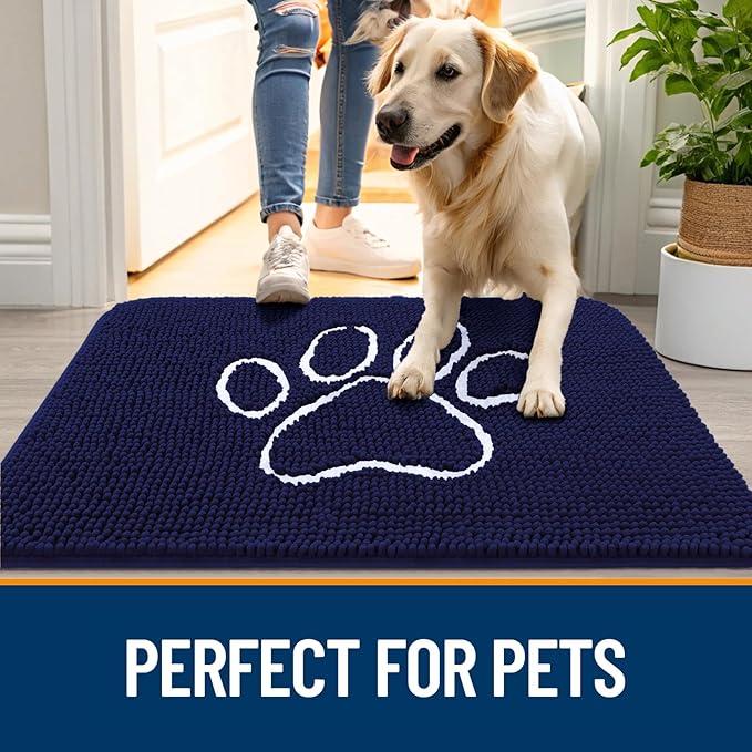 OLANLY Dog Door Mat for Muddy Paws 47x24, Paw Print Design, Absorbs Moisture and Dirt, Absorbent Non-Slip Washable Doormat, Quick Dry Chenille Mud Mat for Dogs, Entry Indoor Entryway Carpet, Navy Blue