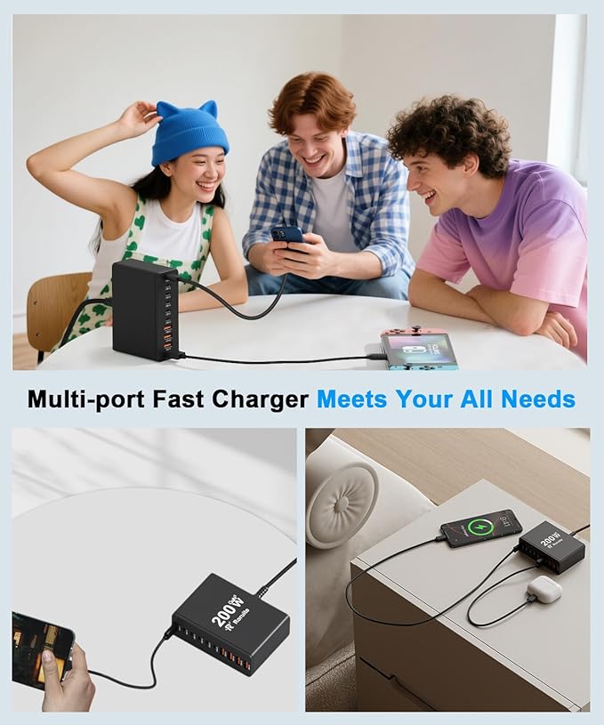 USB C Charging Station 10 Port with 4 USB Cables, 200W GaN Type C Charger Block, Wall Charger Power Strip Adapter Plug for iPad iPhone17 16 15 14 13 12 Pro Max Pixel Note Galaxy
