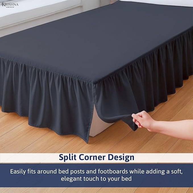 KRISHNA Ruffled Bed Skirt with Split Corners Full, 100% Microfiber Hotel Quality, 24 Inch Drop Dust Ruffle Gathered Bedskirt with Platform, 54" x 75", Dark Grey