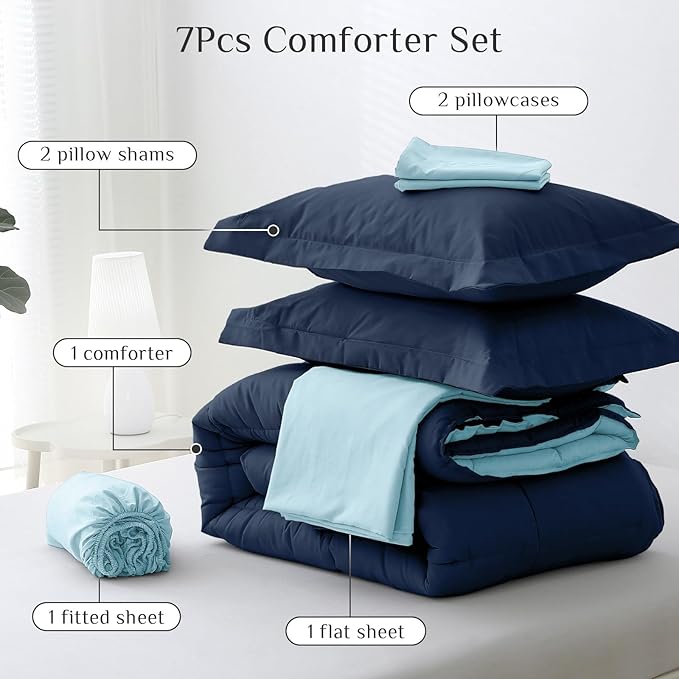 JOLLYVOGUE California King Comforter Set, Ultra-Soft Bed in a Bag Cal King Size 7 Pieces, Oeko-TEX Certified Bedding Set With Down Alternative Comforter, Sheets, Pillowcases & Shams, Navy & Light Blue