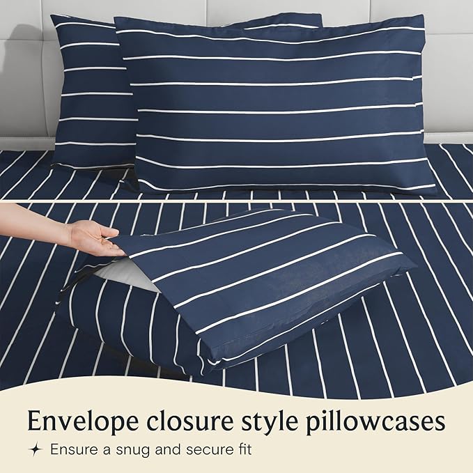 LuxClub 4 PC Queen Sheet Set, Deep Pockets Wrinkle Free Cooling Bed Sheets Hotel Bedding for Women, Men, Includes 1 Fitted Sheet, 1 Flat Sheet and 2 Pillowcases-Striped - Navy