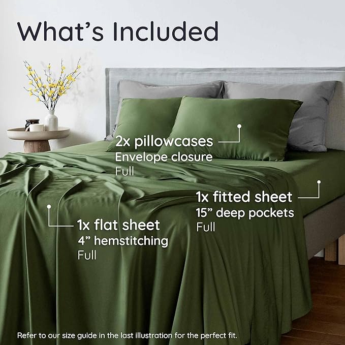 Bambaw Full Sheet Set 4pcs – 100% Viscose Derived from Bamboo Sheets Full Size Set, Cooling Bed Sheets for Hot Sleepers, with Elastic Corner Straps (Olive)