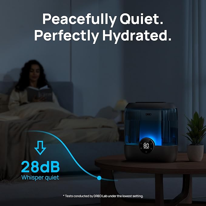 DREO 6L Top Fill Humidifiers for Bedroom, 60H Runtime 28 dB Quiet Supersized Cool Mist Air Humidifiers for Large Room, Baby Nursery, Plant, Indoor, Night Light, Easy to Clean, Precise Humidity Control