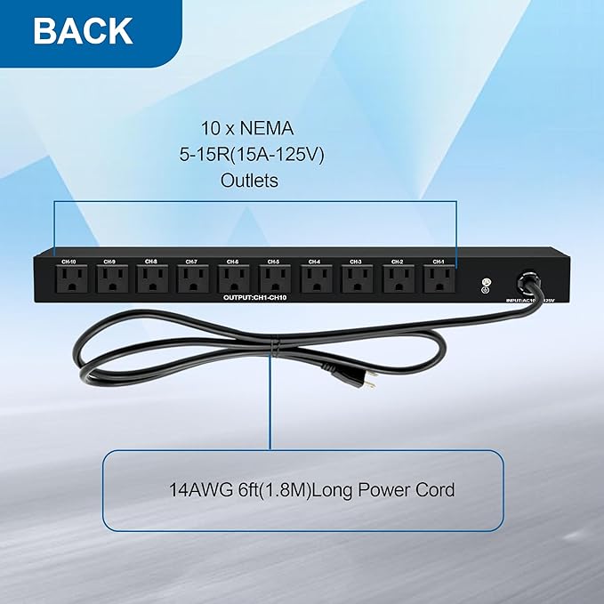 ThePoEstore 10 NEMA 5-15R Outlet Surge Protector PDU, 120V 15A 3600J 10KA, 1U Rack Mount Power Strip for Network Server Racks, AV Equipment, & More - 14AWG 6ft Cord