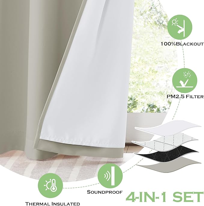 KGORGE 4-in-1 Soundproof Anti Dust 100% Blackout Curtains with Melt-Blown Layer Noise Reducing Thermal Insulating Window Drapes for Bedroom Nursery, W 52 x L 84, Nature, 2 Panels