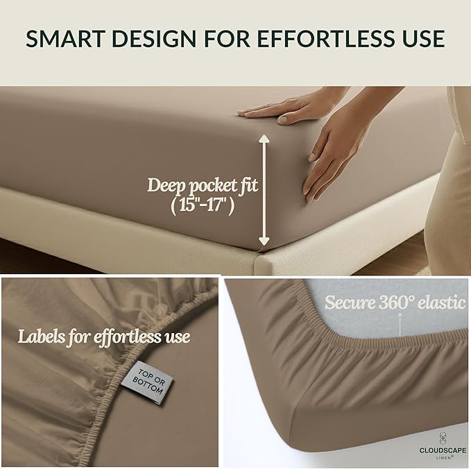 Cloud Scape Linen 100% Egyptian Cotton Sheets for Queen Size Bed, 400 Thread Count, 4 Pieces Bedding Set, Hotel Quality, Silky Soft, Deep Pockets up to 17”, Taupe