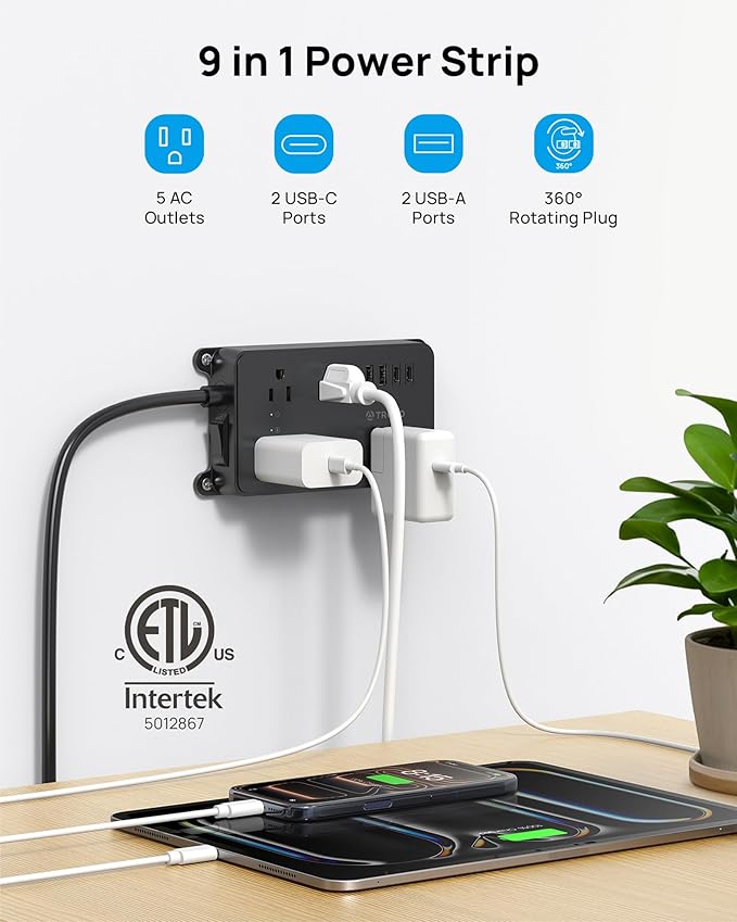 TROND 360° Rotating Flat Plug Power Strip, 5 Widely-Spaced Outlets with 2 USB A and 2 USB C, ETL Listed, 1300J Surge Protector, Wall Mountable, 5ft Extension Cord, for Home Office, Black