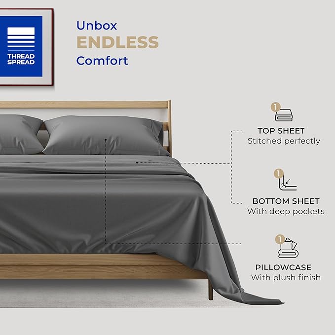 THREAD SPREAD 100% Cotton Sheets Twin Size - 400 Thread Count Cotton Bed Sheets Twin, 3 PC Set (Dark Grey), Luxury Soft, Breathable, Cooling, Sateen Weave 16" Deep Pocket Bedsheet for Dorm Rooms