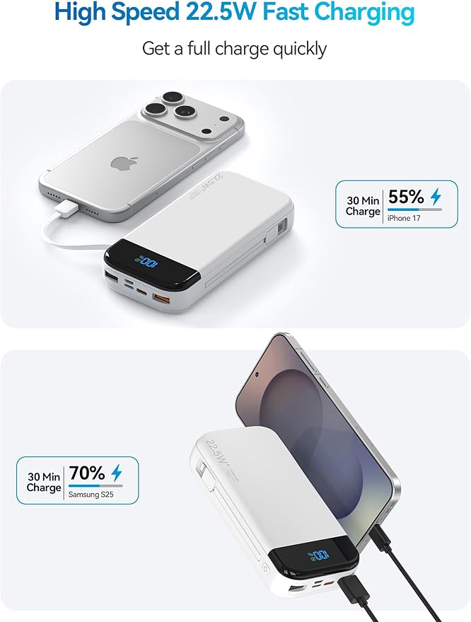 LENGSUM Portable Charger Power Bank 32000mAh with Built in Cables, PD3.0 USB C Fast Phone Charger, 5 Outputs LCD Display Travel Battery Pack Compatible with iPhone, Samsung All Cell Phones (White)