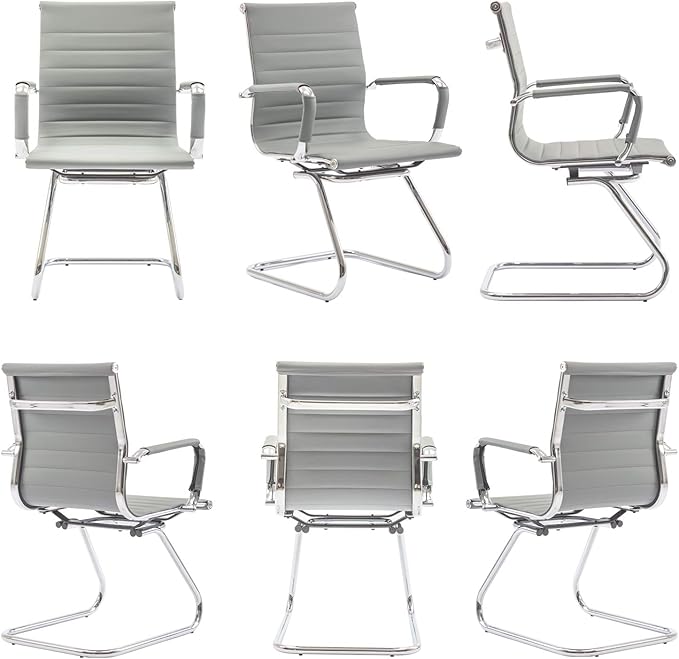 Wahson Office Guest Chairs Set of 6, Leather Reception Chairs, Mid Back Waiting Room Chair, Conference Chairs with Sled Base, Desk Chair No Wheels for Meeting/Lobby/Restroom, Grey