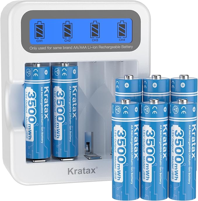 Kratax New AA Rechargeable Lithium Batteries 8 Count 1.5V Lithium ion Rechargeable AA Batteries with Low Battery Alert and 2H Battery Charger, 3500mWh Long-Lasting for Smart Door Locks or Microphones