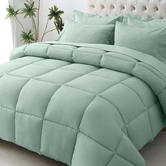 JOLLYVOGUE Queen Comforter Set, Ultra-Soft Bed in a Bag Queen Size 7 Pieces, Oeko-TEX Certified Bedding Set with Down Alternative Comforter, Sheets, Pillowcases & Shams, Sage Green