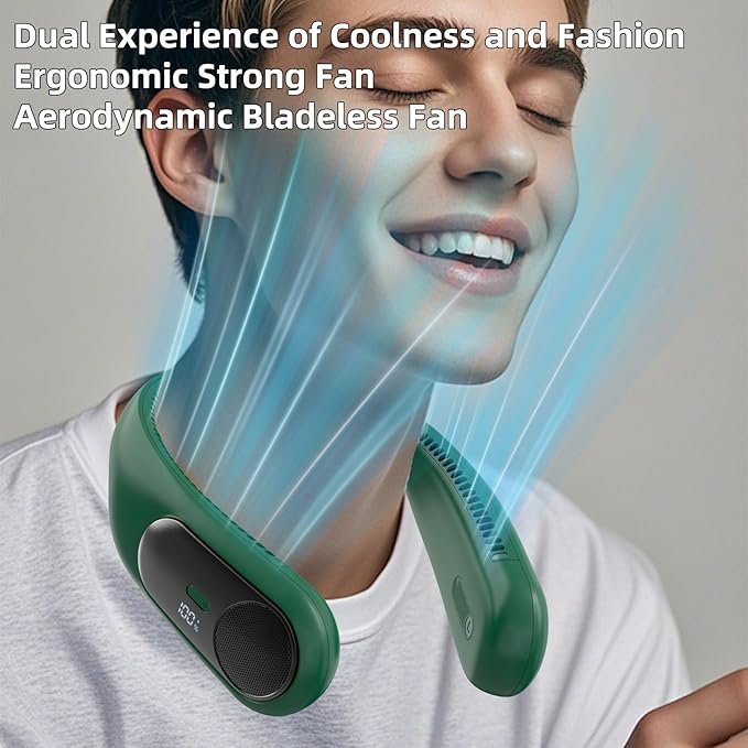 Portable Neck Fan,Personal Wearable Bladeless Fan,LED Display,4-Speeds,6000mAh USB Rechargeable,360° Strong Cooling Wind,Hands Free,White Elephant Gift,Christmas Gifts for Men Women (Dark green)
