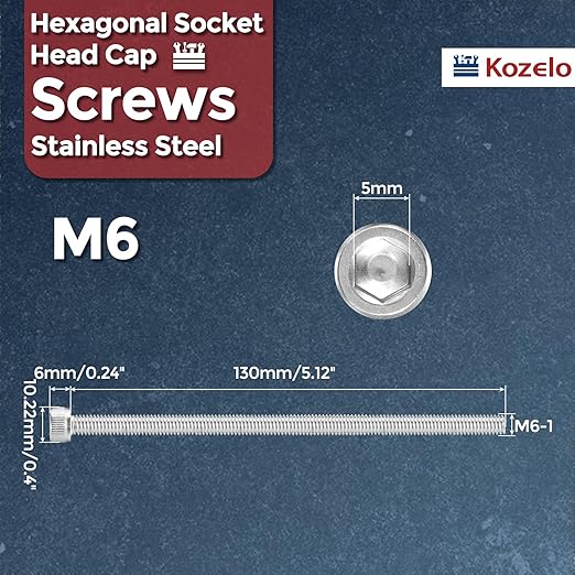 Kozelo 10pcs Socket Head Cap Screws - [M6-1 x 130mm] 304 Stainless Steel Allen Socket Drive for Electrical Motor 3D Printing Fan Engine Replacement Use, Silver