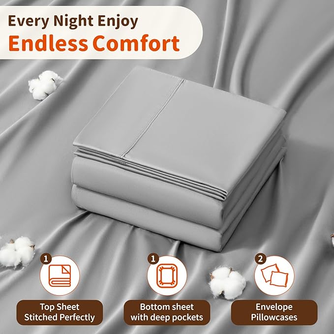 LBRO2M 100% Cotton Sheets Set Deep Pocket 24", 1000 Thread Count Full Size 4 Piece Bed Sheet Sets Soft Comfortable Bedding All Season (Full, Gray)