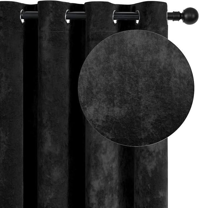 SMILETIME Black Crushed Velvet Curtains 52x96 inch Luxurious Thermal Insulated Soundproof Drapes for Living Room Bedroom Office Soft and Durable Light-Filtering Window Treatments, 2 Panels