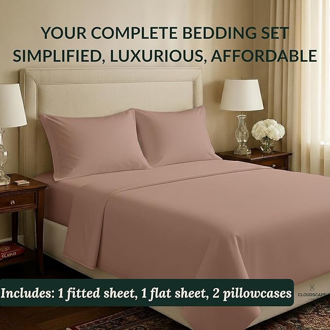 Cloud Scape Linen 100% Egyptian Cotton Sheets Full Size, 4 Pieces Luxury Bedding Set, 400 Thread Count,Hotel Quality, Silky Soft, Deep Pockets up to 17, Sepia Rose