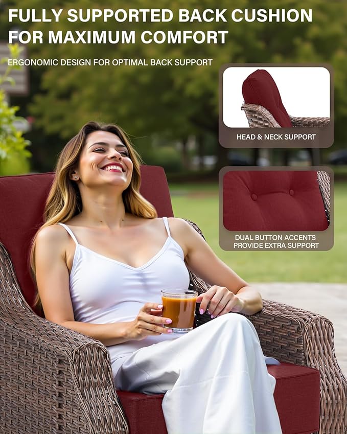 Belord 5 Piece Wicker Patio Furniture Set with Ottoman - High Back Outdoor Swivel Rocker Glider Chairs with Glass Top Side Table,28D High-Density 6" Removable Blue Cushion for Deck Porch Backyard