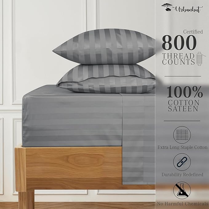 URBANHUT 800 Thread Count 100% Cotton Damask Full Size Sheets, 4 Piece Striped Full Size Bedsheets, Luxury Hotel Sheets Sateen Weave - Better Than Egyptian, 16" Elasticized Deep Pocket- Dark Grey