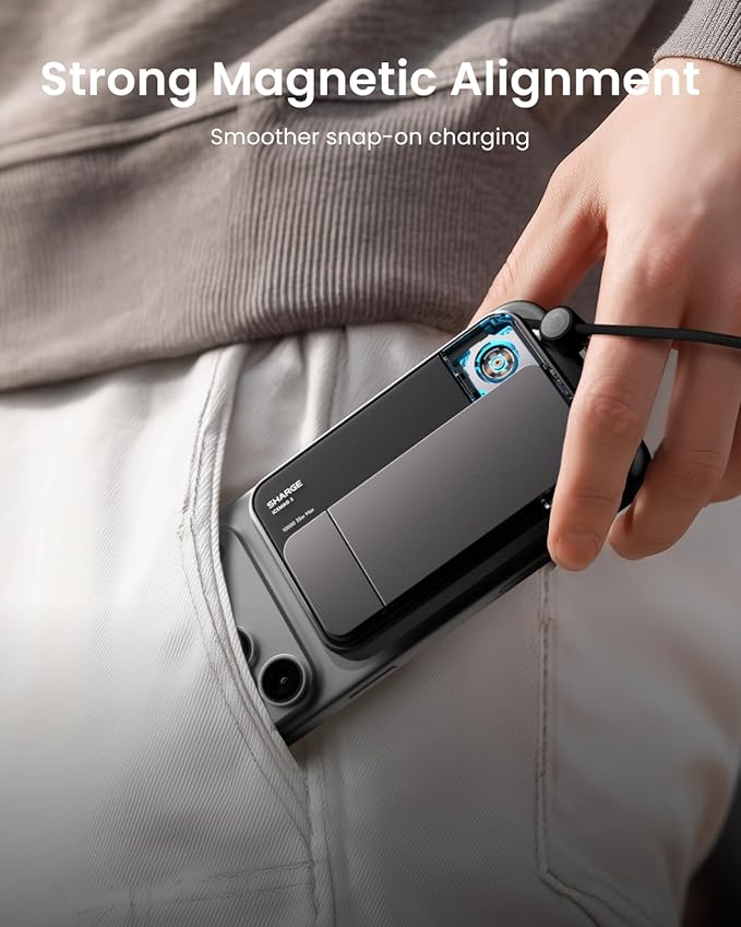 sharge ICEMAG 3 MagSafe Portable Charger, Qi2 25W Magnetic Power Bank 10000mAh 35W USB-C Fast Charging, with Active Cooling& Built-in Cable, Transparent RGB Design for iPhone 17/16/15/14 Series