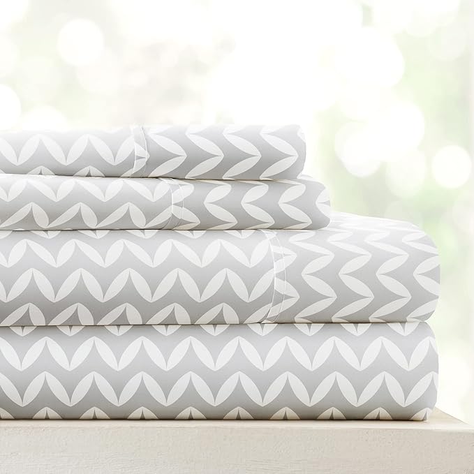 Linen Market Double-Brushed Patterned Microfiber King Sheet Set 4 Piece – Oeko-TEX Certified Ultra Soft & Wrinkle-Free - 16" Deep Pocket Sheets - Easy Care King Size - Puffed Chevron Light Gray