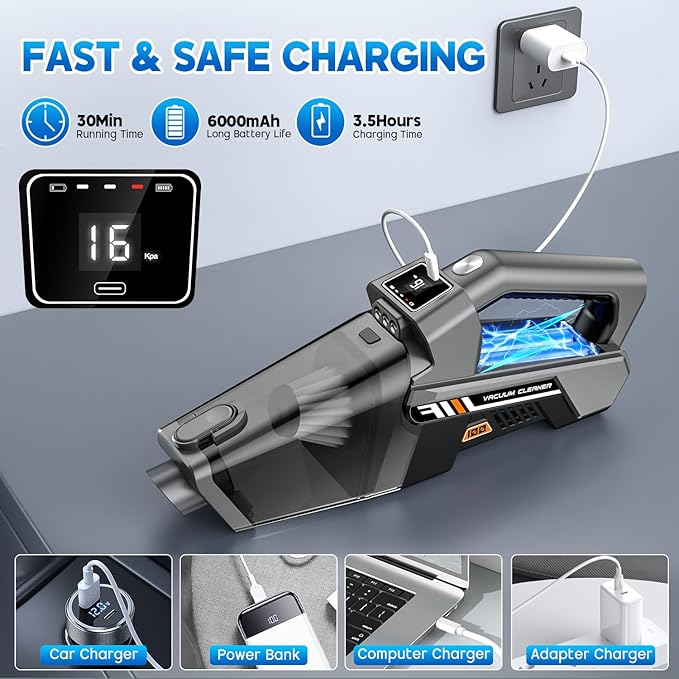 Gxzsk Handheld Vacuum Cordless, 16KPA Powerful Suction Hand Held Vacuum Cleaner Dust Busters Cordless Rechargeable, HD Display & 3 LED Lights, Portable Vacuum for Car, Home, Pet Hair